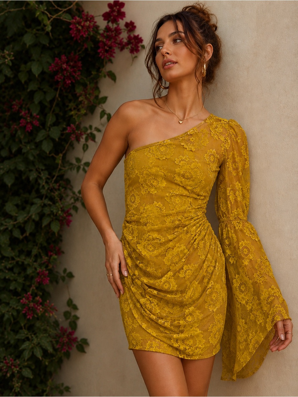 For Love & Lemons Yellow Lace One Shoulder Bell Sleeve Ruched Mini Dress Small
